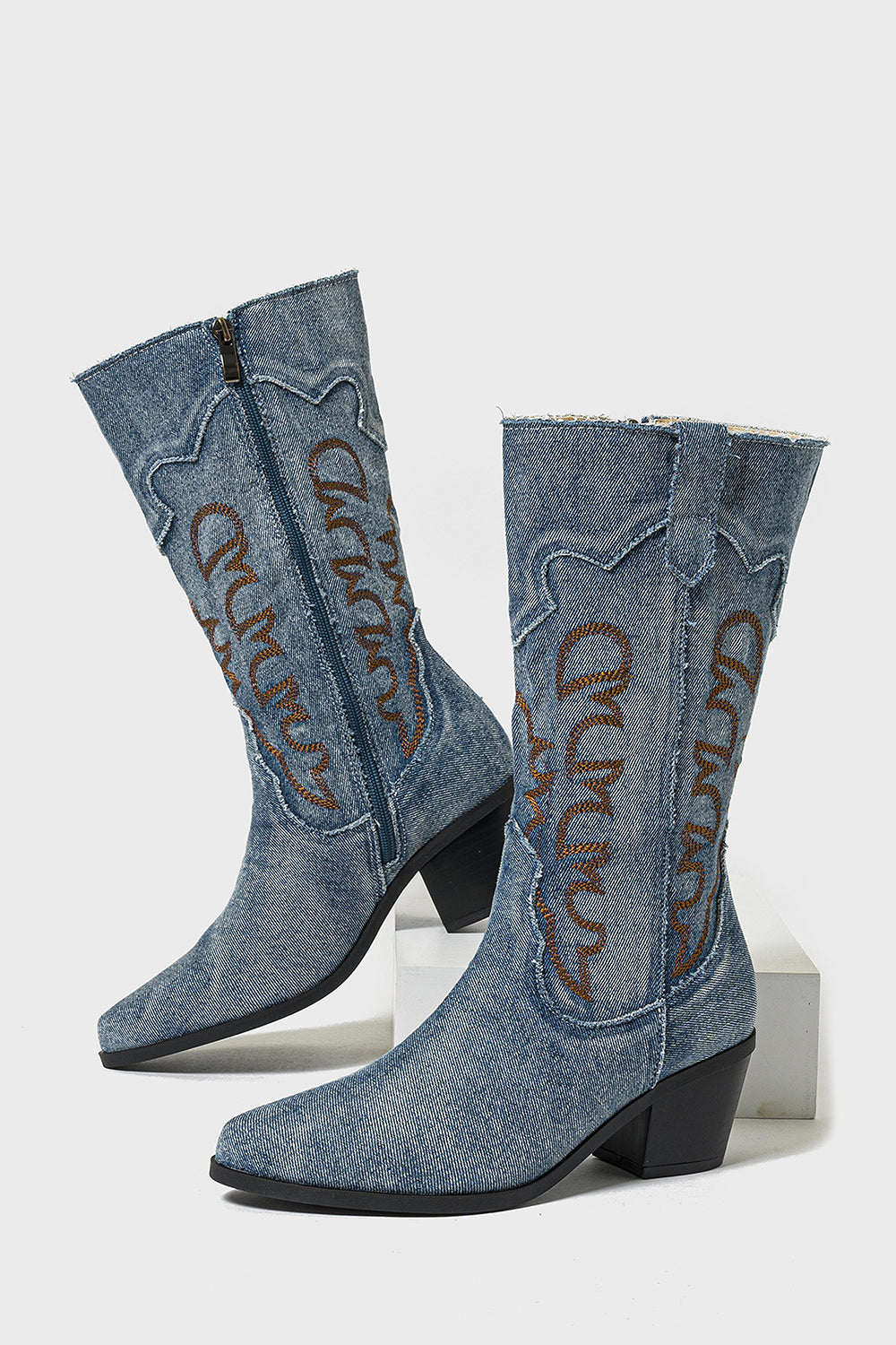 Dark Blue Embroidered Mid Calf Chunky Heel Cowgirl Boots
