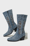 Dark Blue Embroidered Mid Calf Chunky Heel Cowgirl Boots