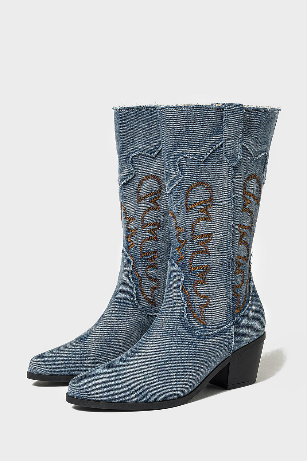 Dark Blue Embroidered Mid Calf Chunky Heel Cowgirl Boots
