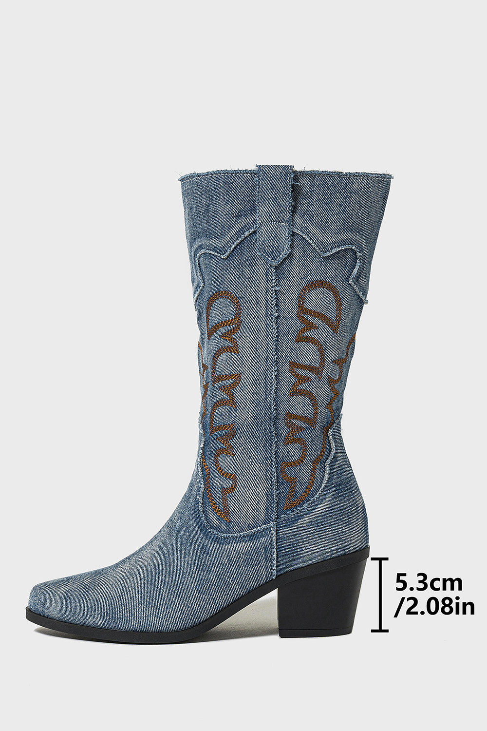Dark Blue Embroidered Mid Calf Chunky Heel Cowgirl Boots