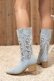 Dark Blue Embroidered Mid Calf Chunky Heel Cowgirl Boots