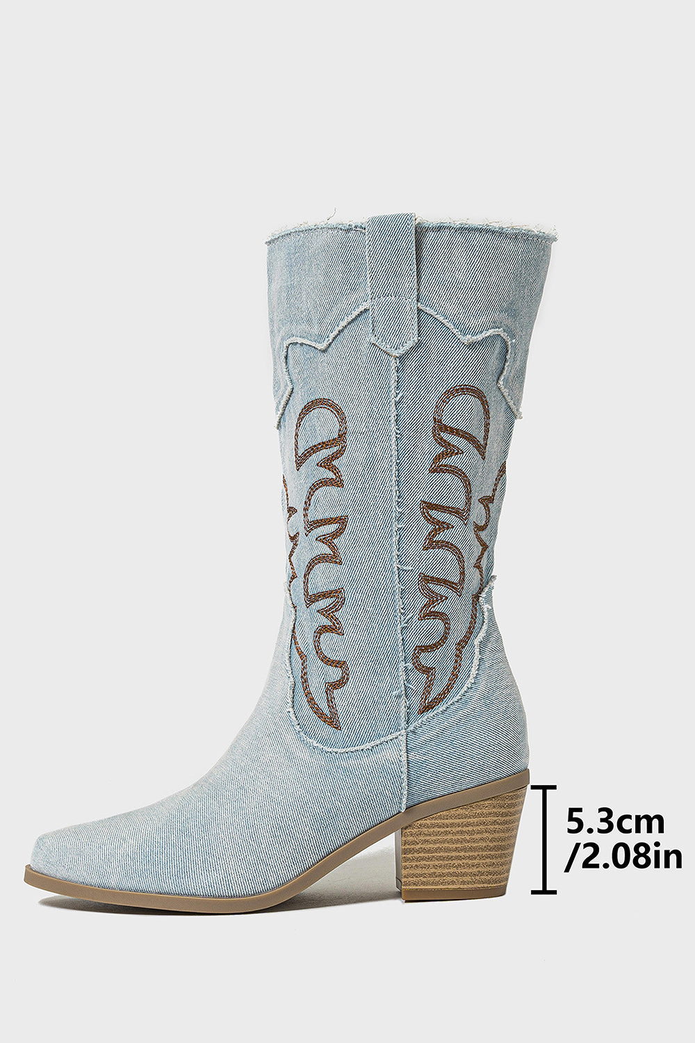 Dark Blue Embroidered Mid Calf Chunky Heel Cowgirl Boots