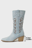Dark Blue Embroidered Mid Calf Chunky Heel Cowgirl Boots