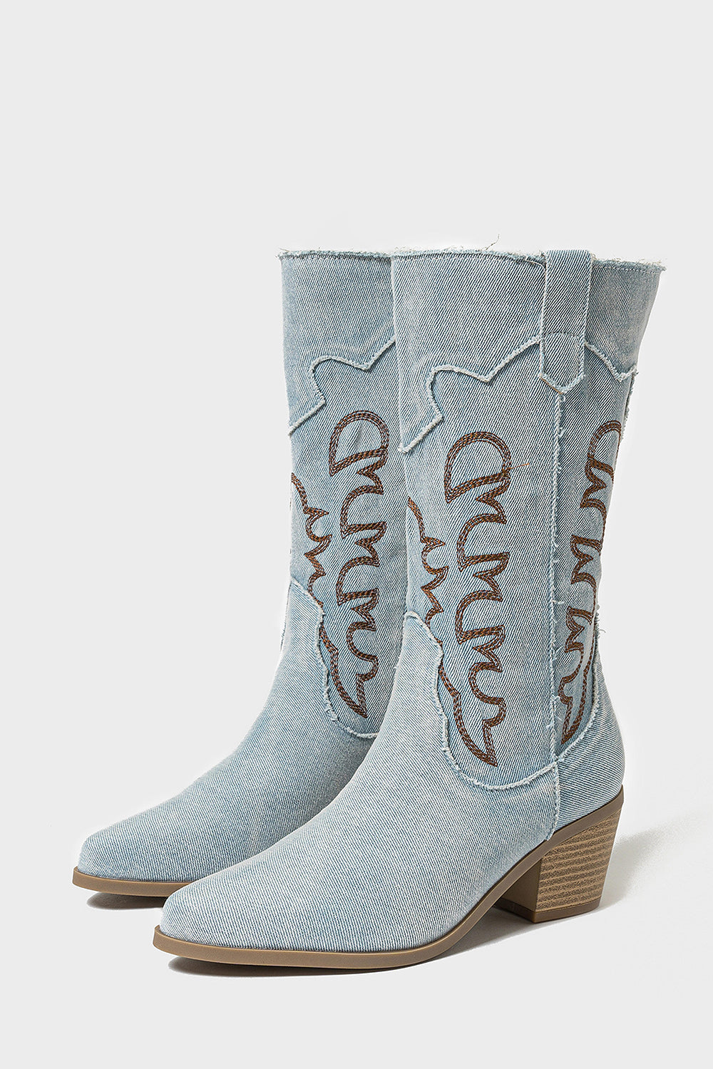 Dark Blue Embroidered Mid Calf Chunky Heel Cowgirl Boots