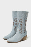 Dark Blue Embroidered Mid Calf Chunky Heel Cowgirl Boots