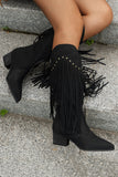 Brown Leopard Mid Calf Chunky Heel Cowgirl Boots with Fringes