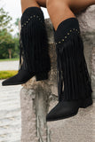 Brown Leopard Mid Calf Chunky Heel Cowgirl Boots with Fringes