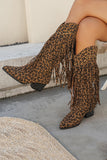 Brown Leopard Mid Calf Chunky Heel Cowgirl Boots with Fringes