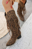 Brown Leopard Mid Calf Chunky Heel Cowgirl Boots with Fringes