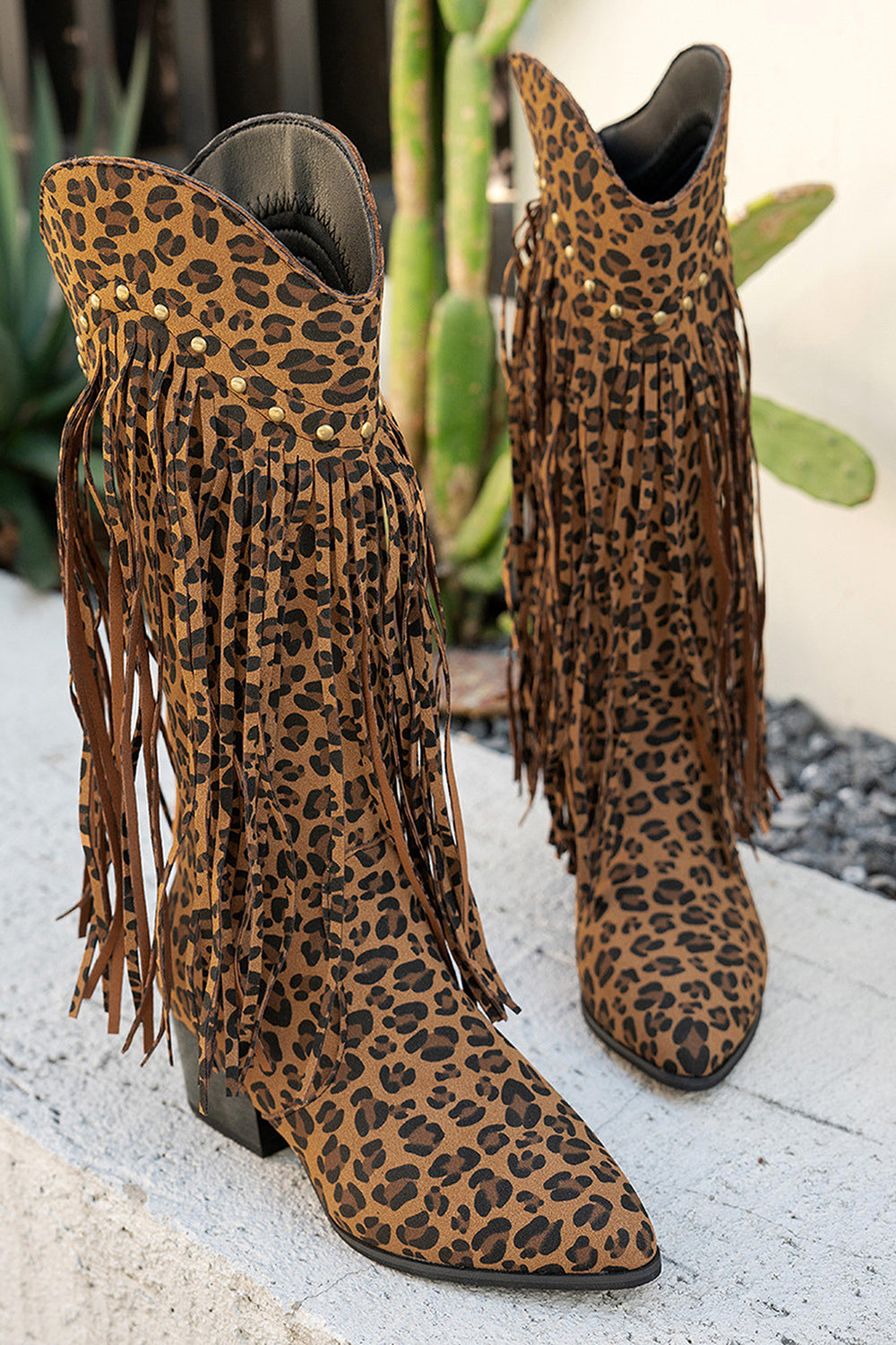 Brown Leopard Mid Calf Chunky Heel Cowgirl Boots with Fringes