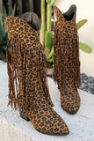 Brown Leopard Mid Calf Chunky Heel Cowgirl Boots with Fringes