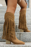 Brown Leopard Mid Calf Chunky Heel Cowgirl Boots with Fringes