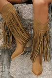 Brown Leopard Mid Calf Chunky Heel Cowgirl Boots with Fringes