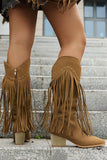 Brown Leopard Mid Calf Chunky Heel Cowgirl Boots with Fringes