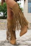 Brown Leopard Mid Calf Chunky Heel Cowgirl Boots with Fringes