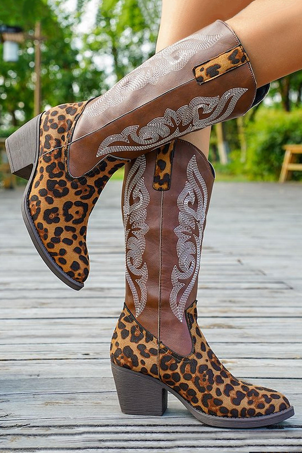 Brown Leopard Wide Calf Western Cowgirl Pointed Toe Chunky Heel Boots