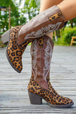 Brown Leopard Wide Calf Western Cowgirl Pointed Toe Chunky Heel Boots