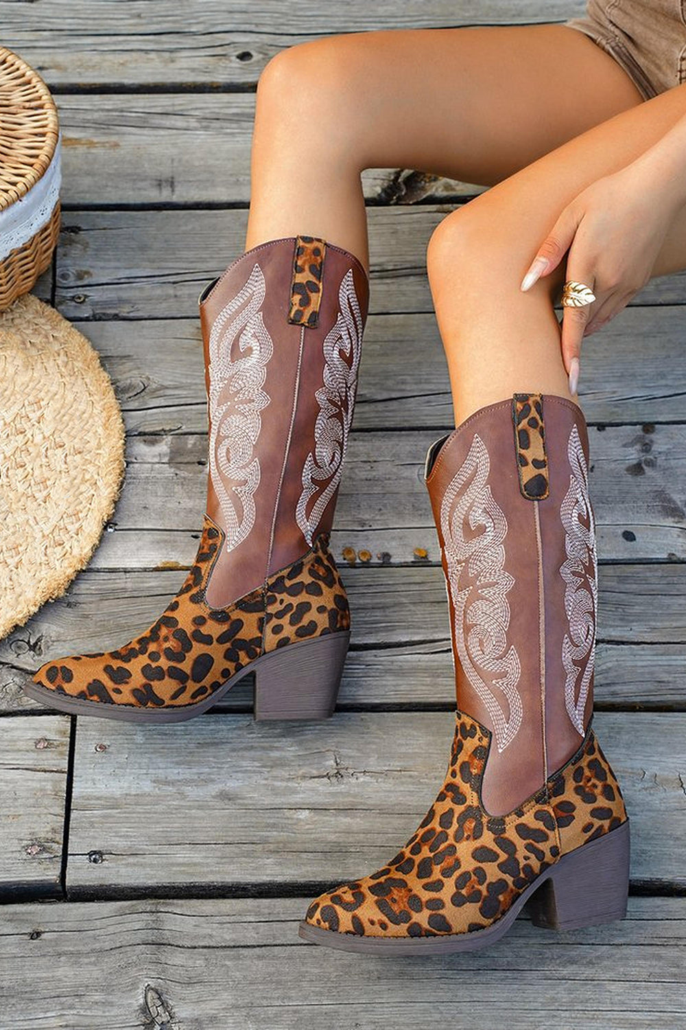 Brown Leopard Wide Calf Western Cowgirl Pointed Toe Chunky Heel Boots