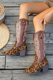 Brown Leopard Wide Calf Western Cowgirl Pointed Toe Chunky Heel Boots