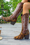 Brown Leopard Wide Calf Western Cowgirl Pointed Toe Chunky Heel Boots