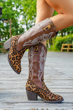 Brown Leopard Wide Calf Western Cowgirl Pointed Toe Chunky Heel Boots