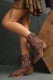 Brown Leopard Wide Calf Cowgirl Pointed Toe Chunky Heel Ankle Boots