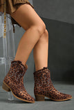 Brown Leopard Wide Calf Cowgirl Pointed Toe Chunky Heel Ankle Boots