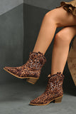 Brown Leopard Wide Calf Cowgirl Pointed Toe Chunky Heel Ankle Boots