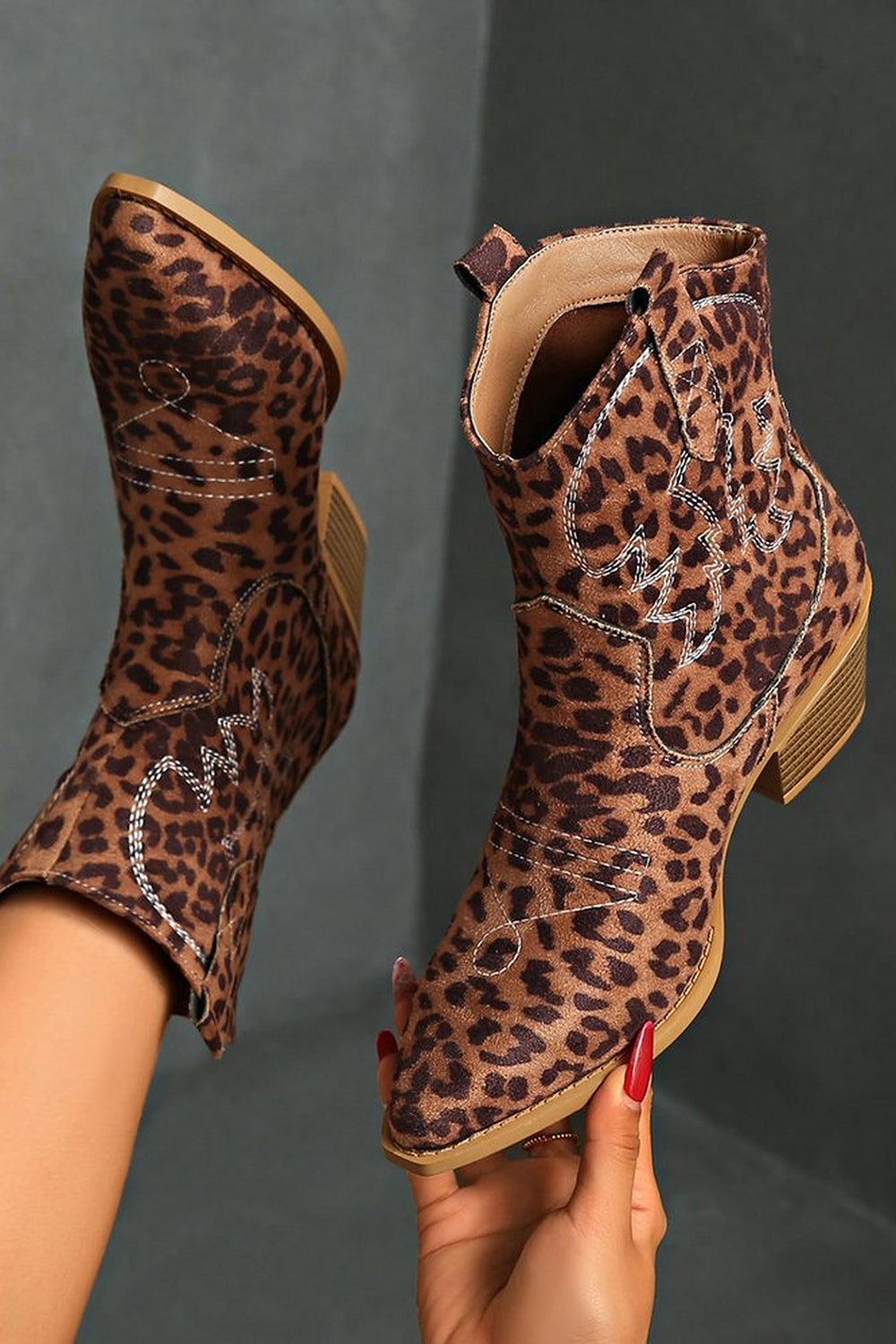 Brown Leopard Wide Calf Cowgirl Pointed Toe Chunky Heel Ankle Boots