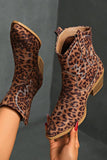 Brown Leopard Wide Calf Cowgirl Pointed Toe Chunky Heel Ankle Boots