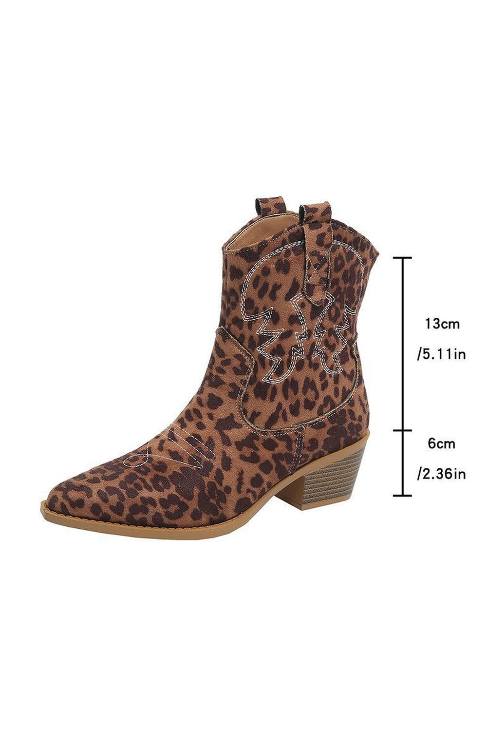 Brown Leopard Wide Calf Cowgirl Pointed Toe Chunky Heel Ankle Boots