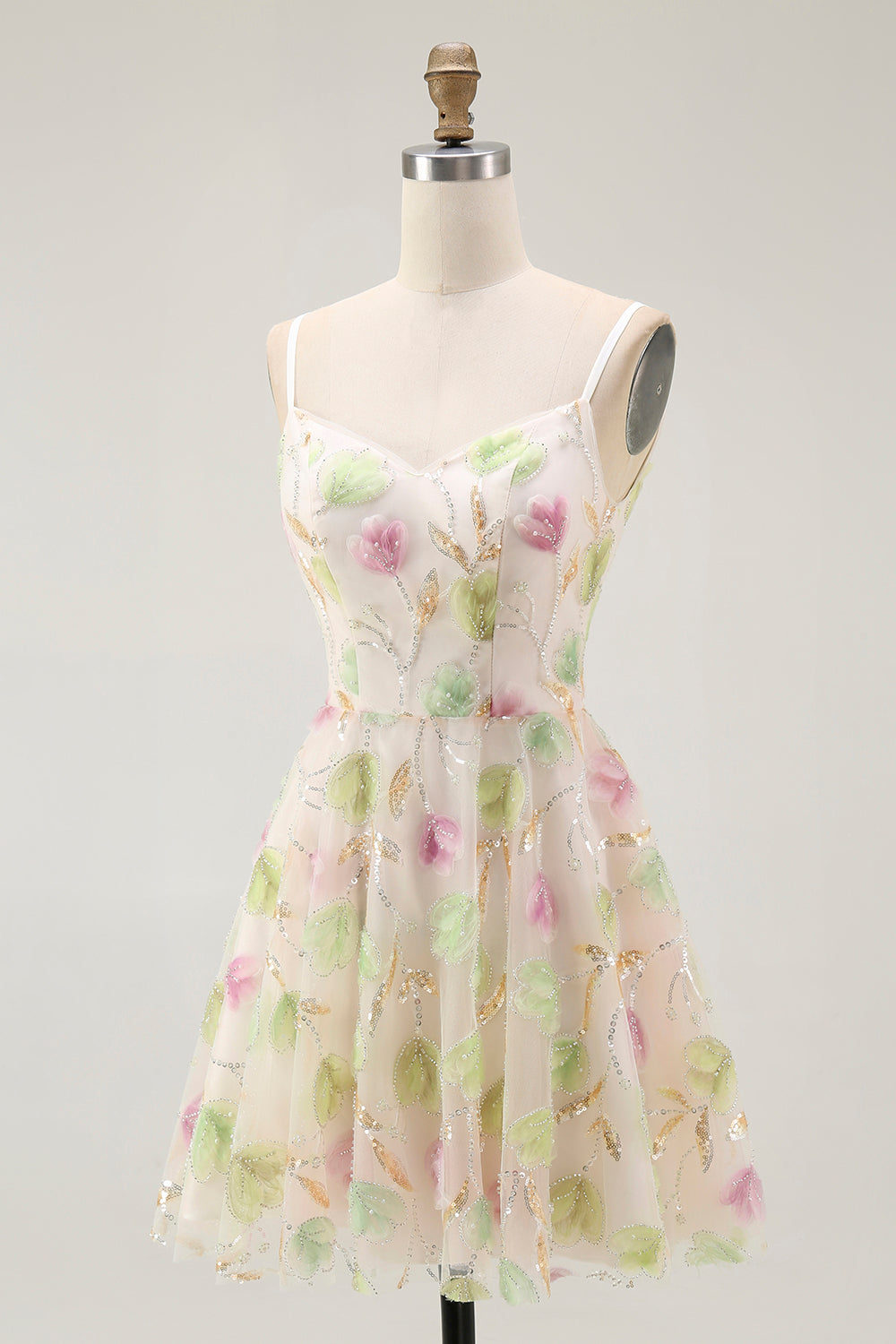 Sparkly Apricot Floral A Line Short Homecoming Dress with Sequins