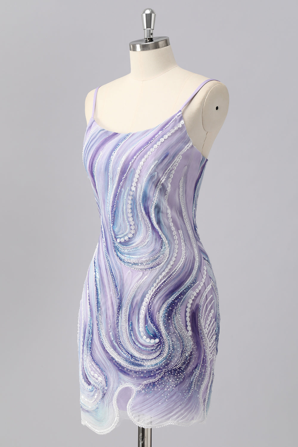 Sparkly Lilac Tight Spaghetti Straps Short Homecoming Dress with Beading