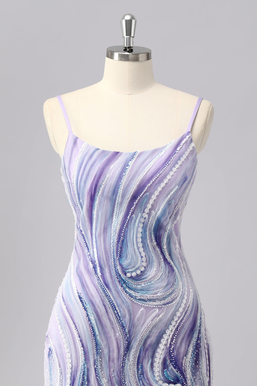 Sparkly Lilac Tight Spaghetti Straps Short Homecoming Dress with Beading