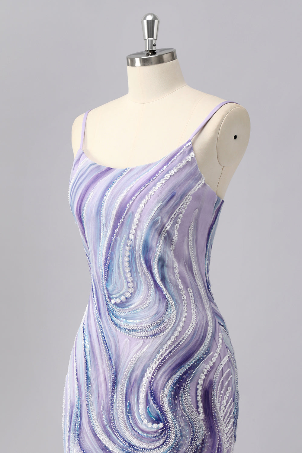 Sparkly Lilac Tight Spaghetti Straps Short Homecoming Dress with Beading