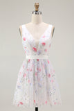 Sparkly White V-Neck A Line Short Homecoming Dress with Sequins
