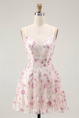 Sparkly Pink Floral A Line Short Homecoming Dress with Sequins
