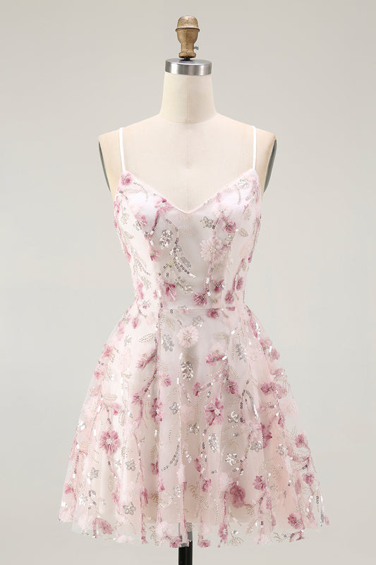 Sparkly Pink Floral A Line Short Homecoming Dress with Sequins