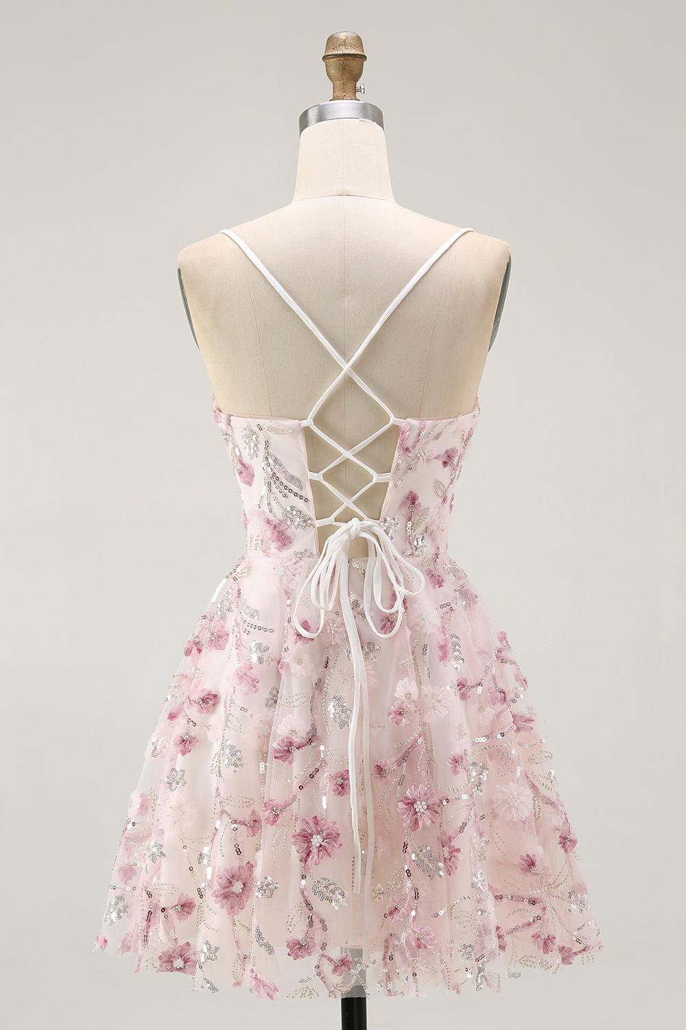Sparkly Pink Floral A Line Short Homecoming Dress with Sequins