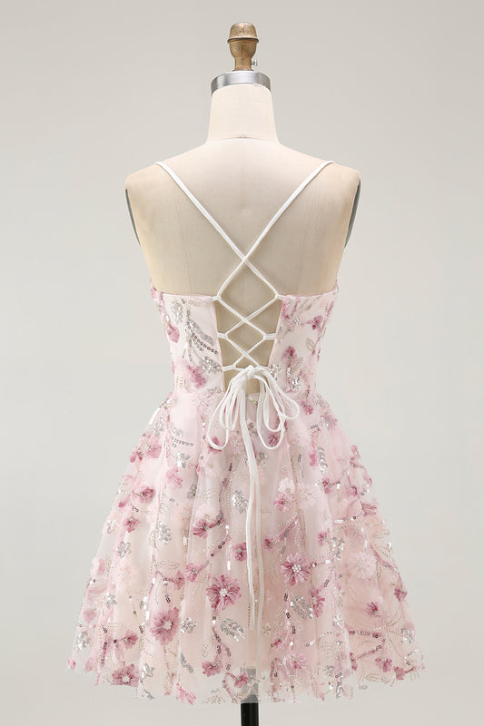 Sparkly Pink Floral A Line Short Homecoming Dress with Sequins