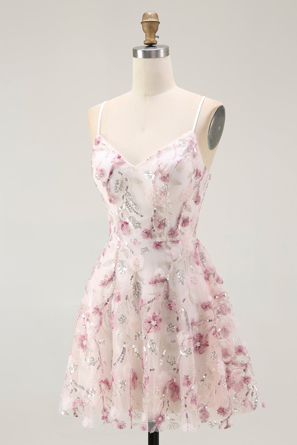 Sparkly Pink Floral A Line Short Homecoming Dress with Sequins