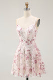 Sparkly Pink Floral A Line Short Homecoming Dress with Sequins