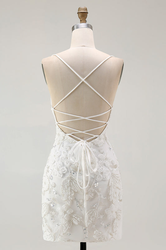 Sparkly White Tight Floral Short Homecoming Dress with Beading