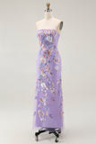 Sparkly Purple Strapless Floral Long Prom Dress with Beading