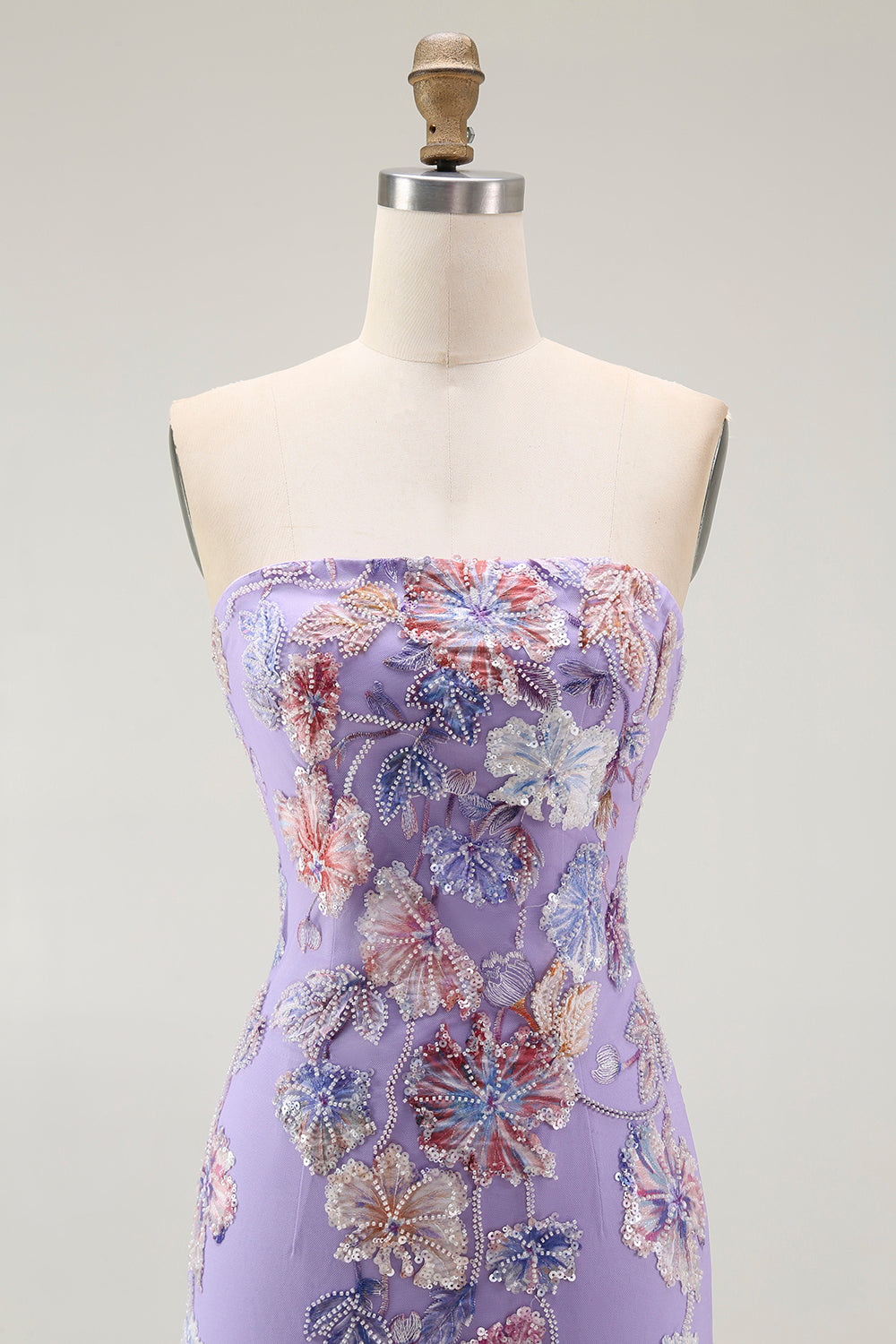 Sparkly Purple Strapless Floral Long Prom Dress with Beading