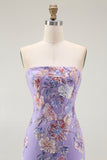Sparkly Purple Strapless Floral Long Prom Dress with Beading