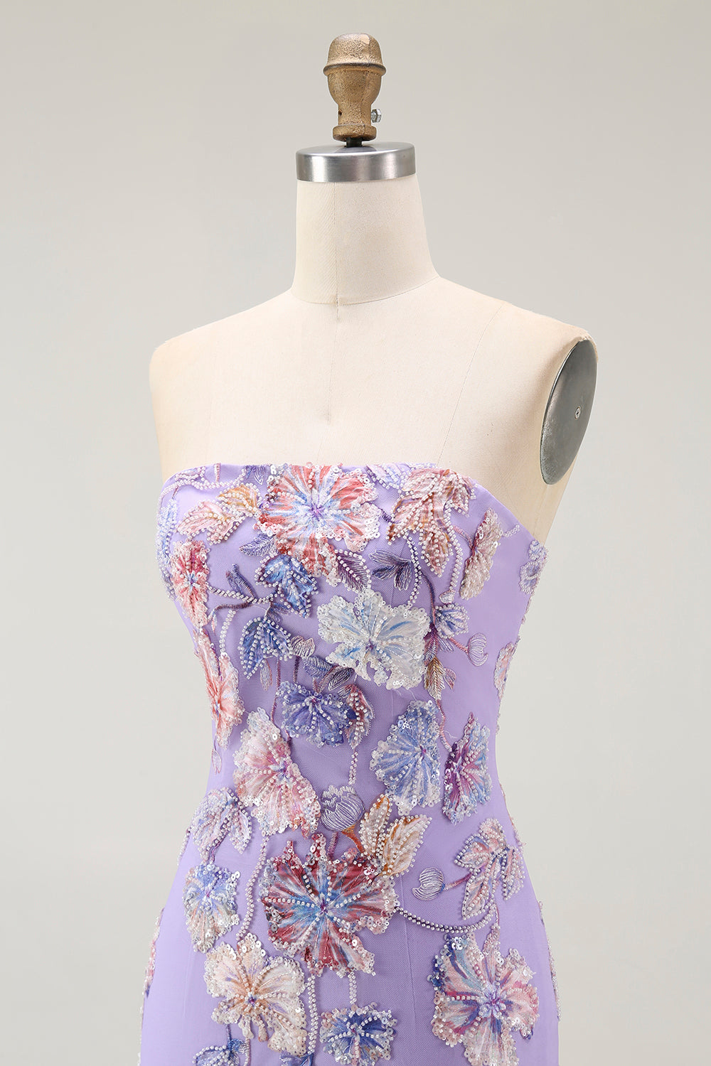 Sparkly Purple Strapless Floral Long Prom Dress with Beading