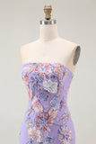 Sparkly Purple Strapless Floral Long Prom Dress with Beading