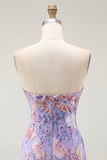 Sparkly Purple Strapless Floral Long Prom Dress with Beading