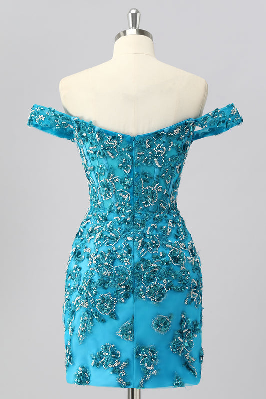 Sparkly Blue Corset Off the Shoulder Short Homecoming Dress with Beading